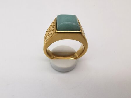 Edelstahl-Edelstein-Gr&uuml;ner Calcit-goldfarbener griechischer Design-Ring. Vierkantringe mit Schutzstein