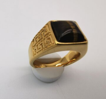 Edelstahl-Edelstein-Tigerauge-goldfarbener griechischer Design-Ring. Vierkantringe mit Schutzstein