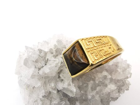 Edelstahl-Edelstein-Tigerauge-goldfarbener griechischer Design-Ring. Vierkantringe mit Schutzstein