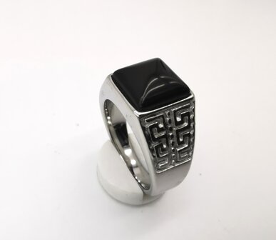 RVS Edelsteen Onyx zilverkleurig Griekse design vierkant ringen met beschermsteen. 