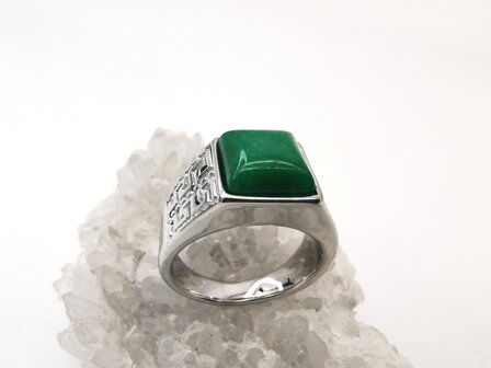 RVS Edelsteen groene Jade zilverkleurig Griekse design vierkant ringen met beschermsteen. 