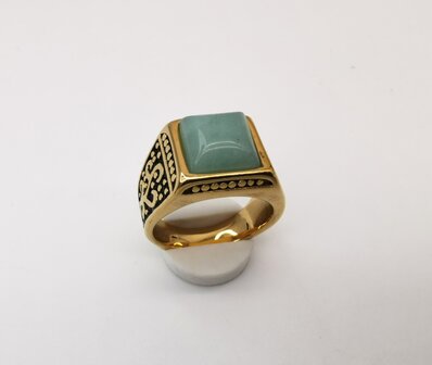 Edelstahl-Edelstein-quadratischer gr&uuml;ner Calcit-goldfarbener Ring. mit schwarz/goldenen Mustern an der Seite.