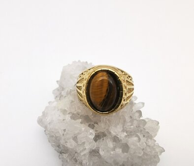 RVS goudkleurig ovale edelsteen ring met Tijgeroog edelsteen 