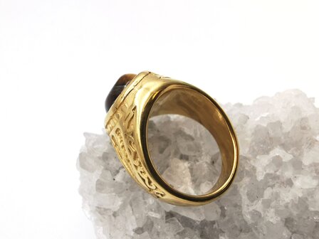 RVS goudkleurig ovale edelsteen ring met Tijgeroog edelsteen 