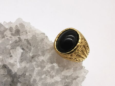 RVS goudkleurig ovale edelsteen ring met Onyx edelsteen 