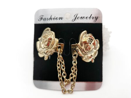 Clips met dubbel ketting roos in kleur goud look.