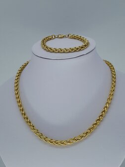 Gevlochten set ketting met armband &ndash; Vossenstaart Schakel &ndash; RVS Edelstaal goudkleurig.