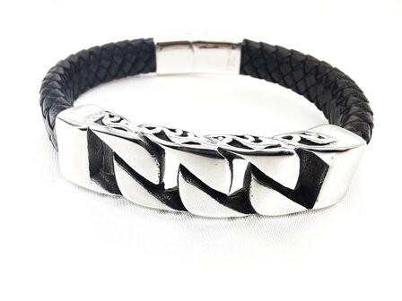 Gevlochten zwarte leren heren armband - RVS plaat  Gourmet schakel -motief