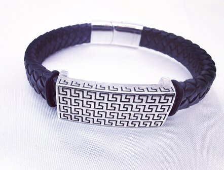 Geflochtenes Herrenarmband aus schwarzem Leder - Platte mit griechischem Motiv aus Edelstahl