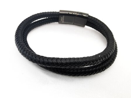 Dubbel zwart gevlochten leren heren armband