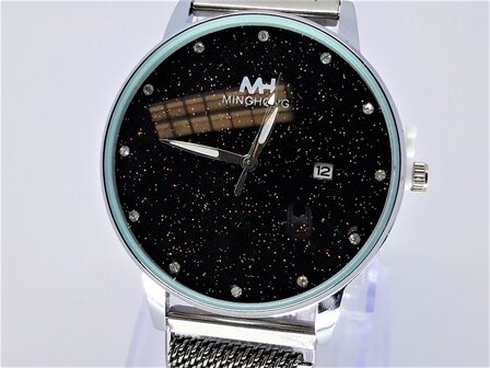MH Quartz horloge, zwart smoked meshband, dag, zwart sterren wijzerpl, magneetsluiting
