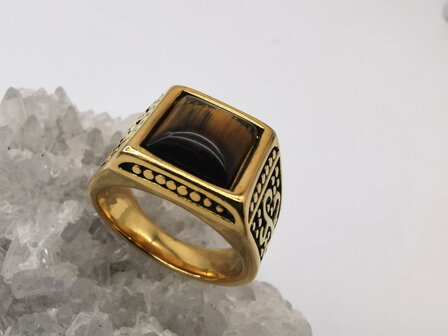 Edelstahl-Edelstein-quadratischer schwarzer Tigerauge-Goldring. mit schwarz/goldenen Mustern an der Seite.