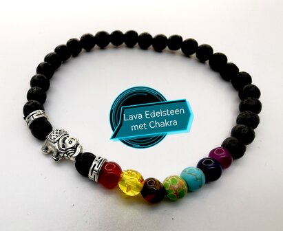 Lavastein-Armband mit Chakra-Edelsteinen und Elefanten-Gl&uuml;cksbringer.
