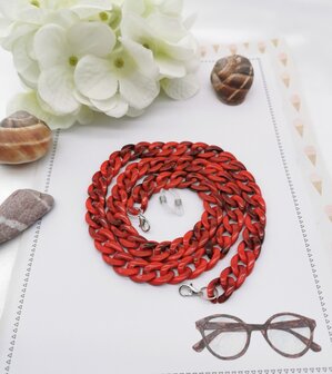 Trendy 2 in 1 Zonnebril / Ketting - Brillenkoord  Acryl schakelketting -L70 cm donker Rood gem&ecirc;leerd