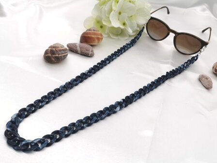 Trendy 2 in 1 Zonnebril / Ketting - Brillenkoord  Acryl schakelketting -L70 cm donker Blauw gem&ecirc;leerd