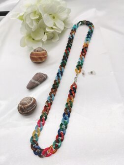 Trendige 2-in-1-Sonnenbrille/Halskette &ndash; Brillenband, Acryl-Gliederkette &ndash; L70 cm, Mehrfarben-Melange