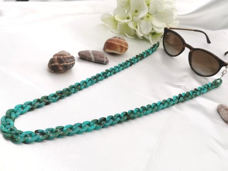 Trendige 2-in-1-Sonnenbrille/Halskette &ndash; Brillenband, Acryl-Gliederkette &ndash; L70 cm, T&uuml;rkis-Melange
