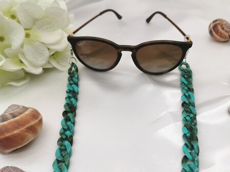Trendige 2-in-1-Sonnenbrille/Halskette &ndash; Brillenband, Acryl-Gliederkette &ndash; L70 cm, T&uuml;rkis-Melange