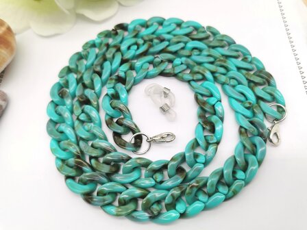 Trendy 2 in 1 Zonnebril / Ketting - Brillenkoord  Acryl schakelketting -L70 cm Turquoise gem&ecirc;leerd