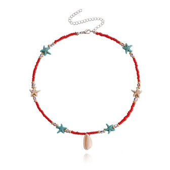 Ketting rood kralen met blauw en witte zeester van edelsteen