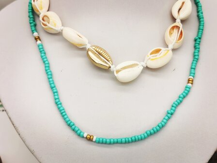 2 delig ketting met turquoise kralen en schelpjes.