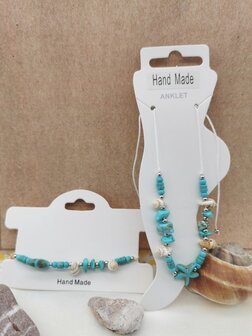 Set Armband en enkelbandje Bohemian met turquoise edelsteen, geribde fuik Horn schelp, Zeester, wit kleur touw.