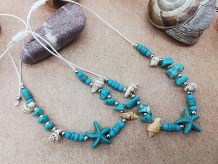 Set Armband en enkelbandje Bohemian met turquoise edelsteen, geribde fuik Horn schelp, Zeester, wit kleur touw.