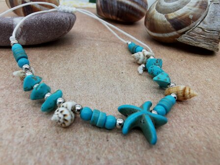 Set Armband en enkelbandje Bohemian met turquoise edelsteen, geribde fuik Horn schelp, Zeester, wit kleur touw.