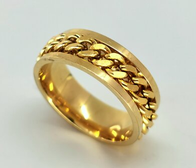 RVS goud kleur ringen met losse schakel ketting in midden in die je mee kan draaien. doos 36st