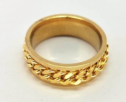 RVS goud kleur ringen met losse schakel ketting in midden in die je mee kan draaien. doos 36st