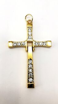 Edelstahl, goldfarbenes Kreuz mit 14 Kristallen.