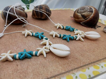 Set: Armband met Enkelbandje Bohemian met turquoise wit en blauw edelsteen, schelp, Zeester, wit kleur touw.