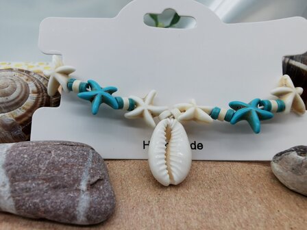 Set: Armband met Enkelbandje Bohemian met turquoise wit en blauw edelsteen, schelp, Zeester, wit kleur touw.