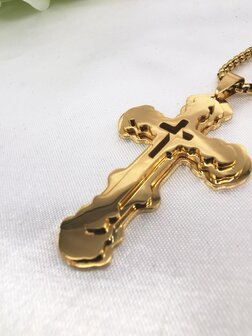 Prachtige RVS goudkleurig Orthodoxe 3 lagen kruis hanger voor mannen.