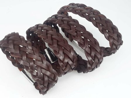 Leren armband breed, bruin, gevlochten, magneetsluiting