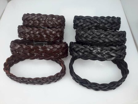 Leren armband breed, bruin, gevlochten, magneetsluiting