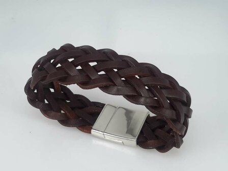 Leren armband breed, bruin, gevlochten, magneetsluiting