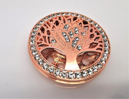 Magneet Broche &Oslash; 4 cm, Ros&eacute;kleur levensboom met strass steentjes.