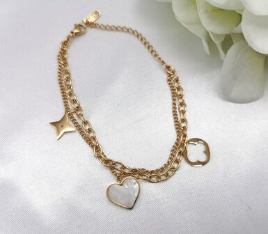 Doppeltes goldfarbenes Gliederarmband mit 3 Anh&auml;ngern