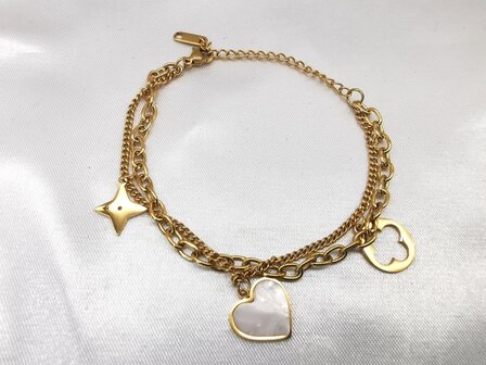 Doppeltes goldfarbenes Gliederarmband mit 3 Anh&auml;ngern