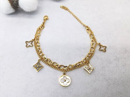 Doppeltes goldfarbenes Gliederarmband mit 5 Anh&auml;ngern