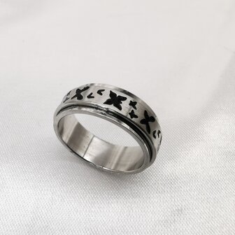 Edelstahl-Stressring silber mit schwarzem Schmetterling motiv, Box 36 St&uuml;ck.