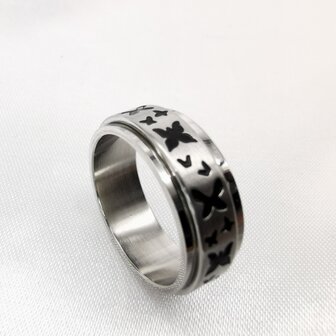 Edelstahl-Stressring silber mit schwarzem Schmetterling motiv, Box 36 St&uuml;ck.