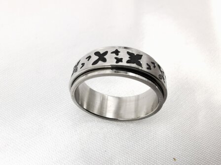 Edelstahl-Stressring silber mit schwarzem Schmetterling motiv, Box 36 St&uuml;ck.