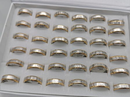 Rvs zilver met goud zijkant en midden Romeinse cijfer, doos 36 stuks