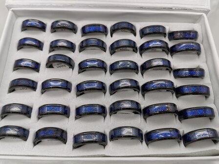 RVS zwart anti stress ring met donker blauw ring en motief teken, doos 36 stuks 
