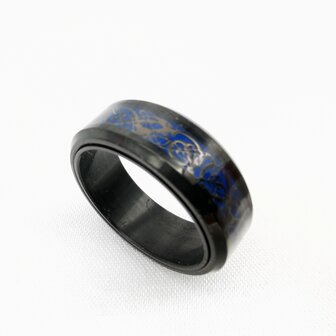 RVS zwart anti stress ring met donker blauw ring en motief teken, doos 36 stuks 