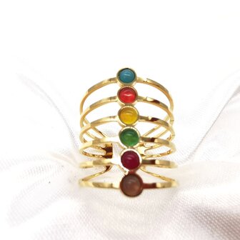 Breiter, eleganter Ring aus Edelstahl mit mehrfarbigen Natursteinen. Einheitsgr&ouml;&szlig;e