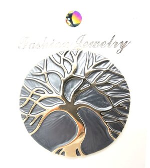 Magneet broche, Tree of Life rond, grijs/goud kleur, &Oslash; 44 mm.