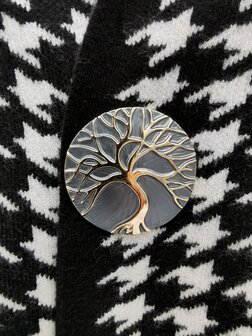 Magneet broche, Tree of Life rond, grijs/goud kleur, &Oslash; 44 mm.